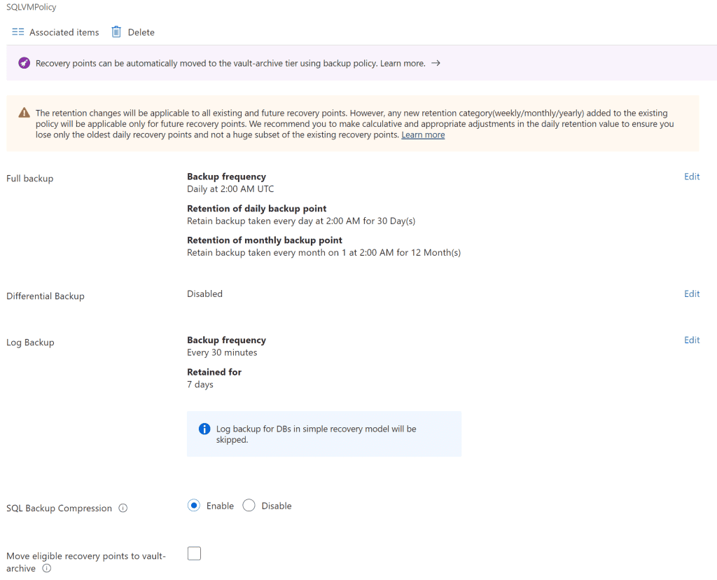 Picture illustrating SQL Backup policy